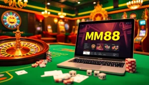 Engage with MM88's thrilling online casino experience featuring roulette, poker chips, and slot machines.