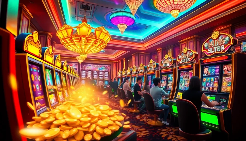 Witness players celebrating big wins at a lively casino, featuring slot gacor hari ini machines and vibrant colors.