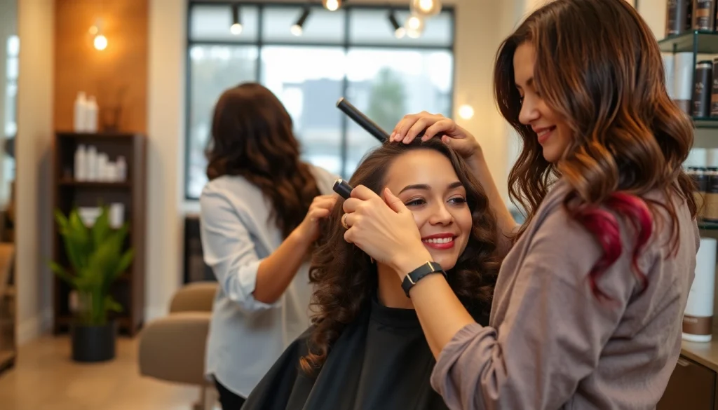 Perm san diego: Stylist expertly applying a perm at Omnia Salon.