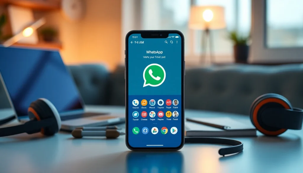 FM WhatsApp download displayed on a smartphone with vibrant customization features in a tech-savvy environment.