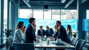 Visual representation of business growth insights with professionals collaborating in an office.