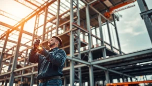 Workers engaged in structural steel construction with beams under bright sunlight.