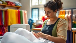 Aan het meten van voile stof in een stralende naaiwerkplaats vol kleurrijke stoffen.