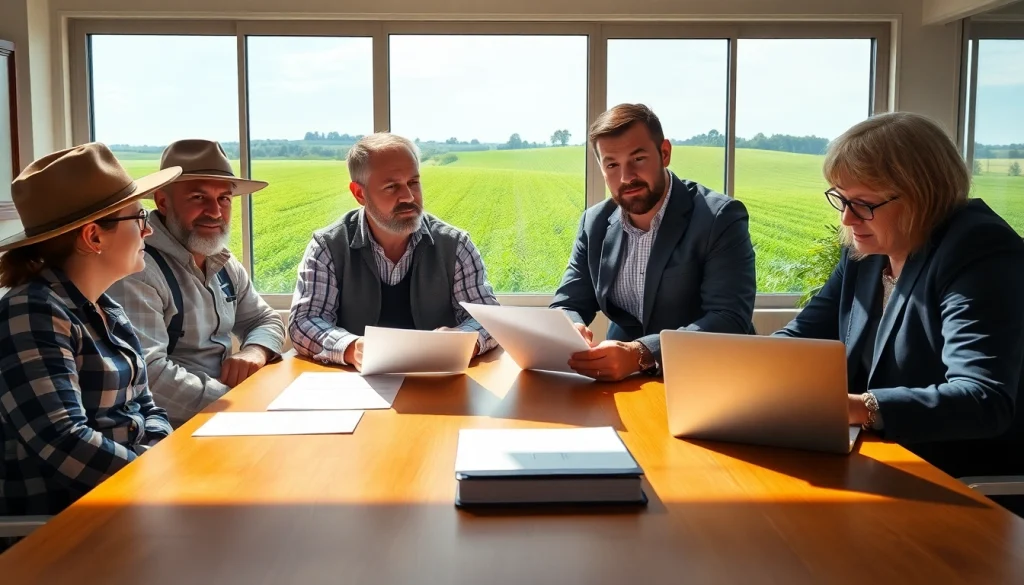 Discussing agriculture law strategies in a professional farming setting with legal documents.