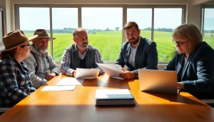 Discussing agriculture law strategies in a professional farming setting with legal documents.