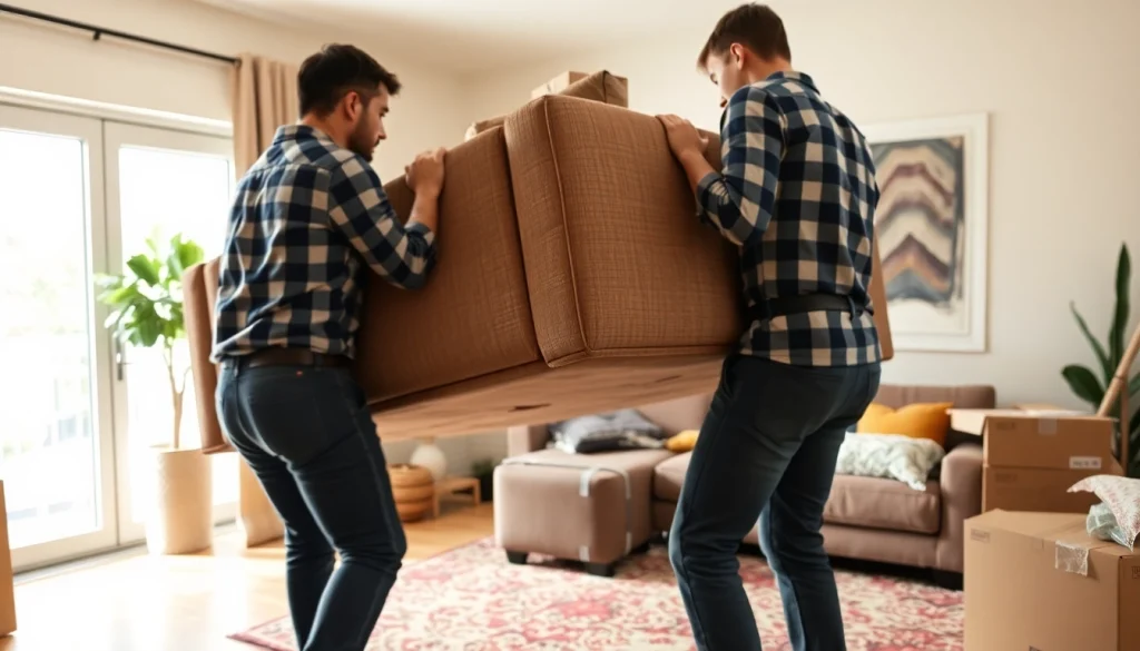 Long distance movers Calgary carefully relocating furniture in a warm, inviting home setting.