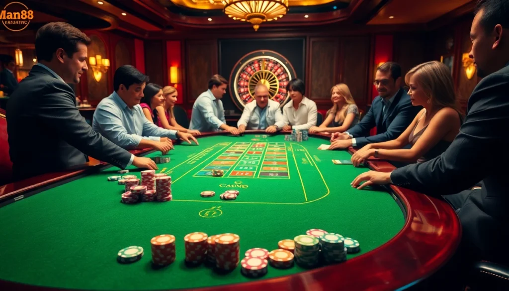 Players enjoying an exciting casino experience at Man88 with poker chips and dice.