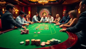 Players enjoying an exciting casino experience at Man88 with poker chips and dice.