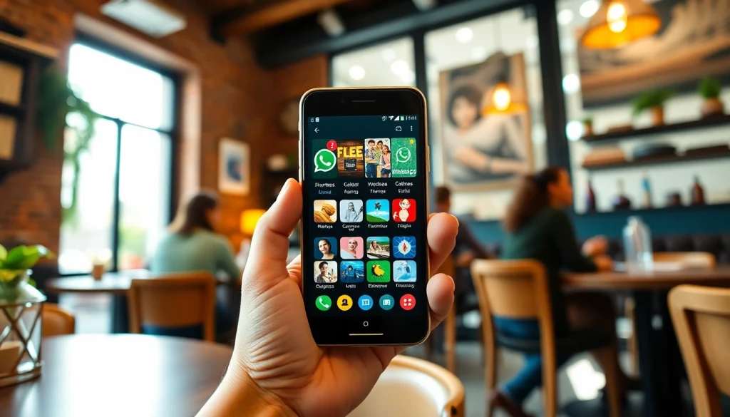 Explore GB WhatsApp features on a smartphone in a cozy cafe setting.