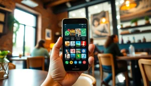 Explore GB WhatsApp features on a smartphone in a cozy cafe setting.