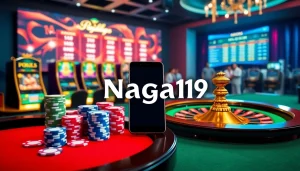Experience the excitement of aplikasi Naga169 with vibrant slot machines and casino tables in action.