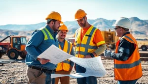 Builders at work representing the construction association Wyoming on a job site with blueprints.