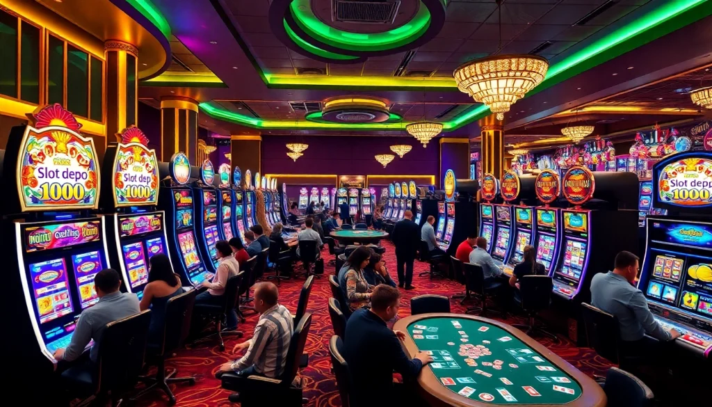 Excited gamblers playing slot depo 1000 machines in a luxurious casino atmosphere.