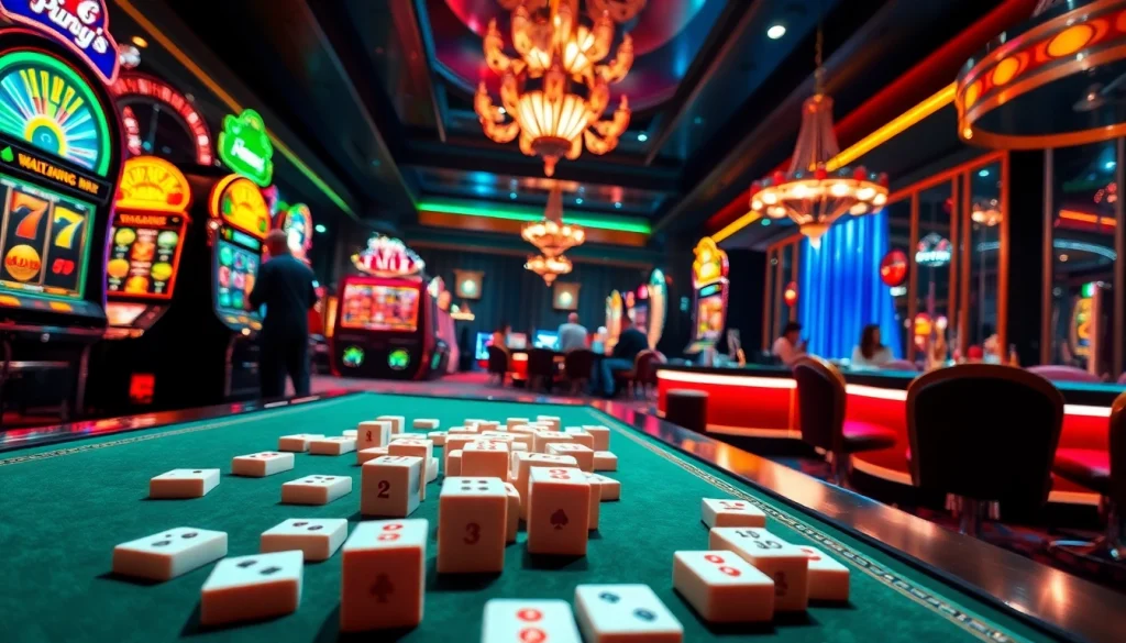 Players enjoying Mahjong Ways 2 at a vibrant casino, showcasing excitement in gaming.