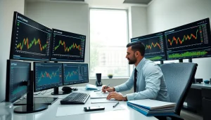 Acheter bitcoin dans un environnement de trading professionnel avec plusieurs écrans et graphiques affichant les prix.