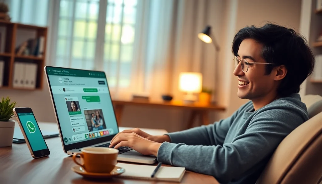 WhatsApp网页版用户在舒适的家庭办公室中使用笔记本电脑聊天，象征现代通讯。