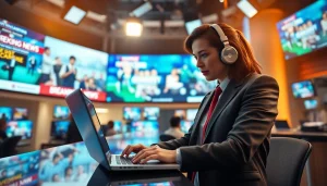 Engaging journalist typing breaking news at https://www.thedailynewsonline.com in a vibrant newsroom.