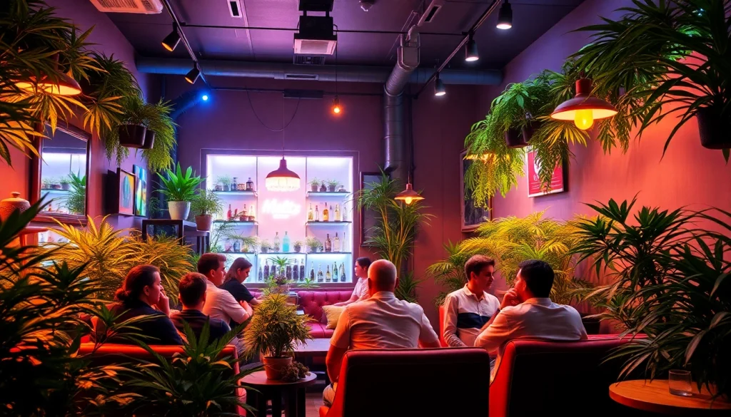 Relaxing atmosphere of Meltz Cannabis Club Madrid with vibrant green decor and members in conversation.