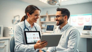 Orthodontist discussing 歯並び 矯正 おすすめ with patient in modern dental clinic.