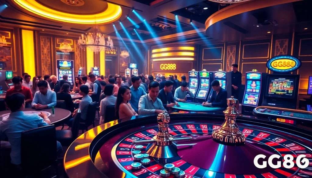 Experience the excitement of GG88's casino atmosphere featuring vibrant gaming tables and eager players.