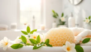 Clean and eco-friendly makeup remover loofah displayed in a bright, inviting bathroom.