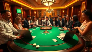 Engaging poker game scene at 7upbet casino, enhancing excitement with luxury and strategy elements.