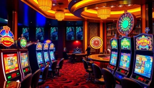 Experience vibrant slot pulsa machines in a luxurious casino setting with engaging gameplay.
