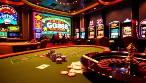 GG88 presents an exciting online gambling scene with vibrant slot machines and elegant poker chips.
