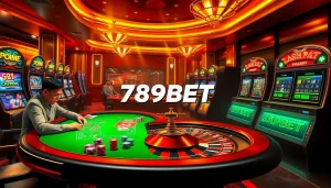 Exciting gambling scene at 789BET with poker, roulette, and vibrant slot machines.