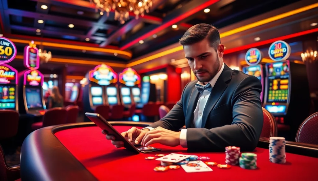 Accessing the oxplay login amidst an exciting casino atmosphere with poker chips and cards.