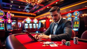 Accessing the oxplay login amidst an exciting casino atmosphere with poker chips and cards.