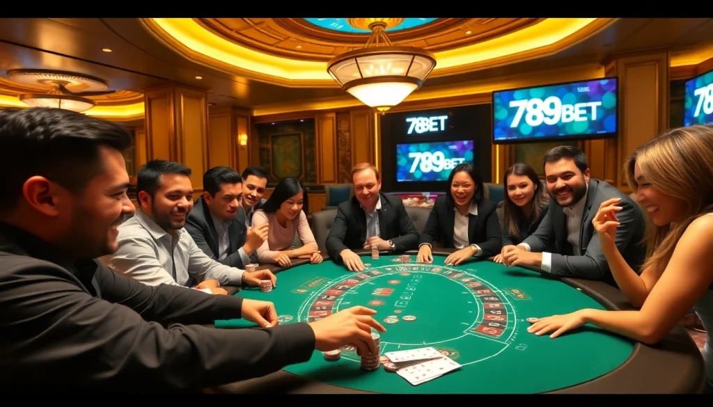 Players enjoying a thrilling poker game at 789BET, showcasing excitement and professionalism.