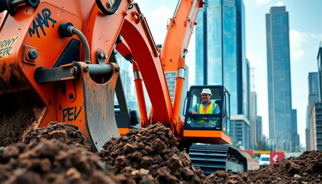 Rent excavators at a bustling construction site with a dedicated worker operating machinery.
