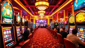 Adegan menarik para pemain yang antusias menggunakan mesin slot pulsa di kasino yang ramai, menangkap sensasi perjudian.