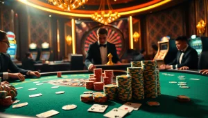 Players engaged in high-stakes poker at a luxurious NK88 casino table.