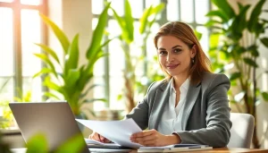 Environmental lawyer analyzing documents in a bright office with greenery.