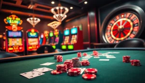 Experience the excitement of online gambling at https://ok88.tech/ with vibrant poker chips and a spinning roulette wheel.