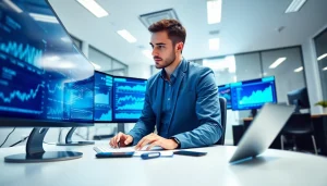 An analyst utilizing Machine Learning for Loan Underwriting with data visualizations in a modern office.