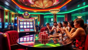 Mesin slot dan para penjudi menikmati kemenangan besar di kasino, menampilkan kegembiraan slot deposit 1000.