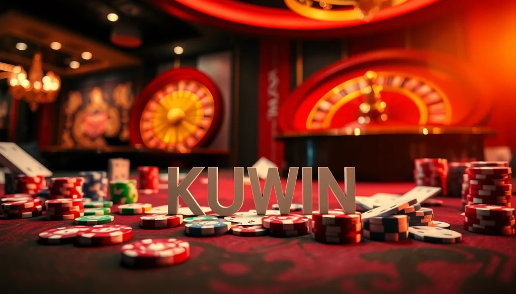 Kuwin players engaging with vibrant casino tables featuring roulette wheels and colorful chips.