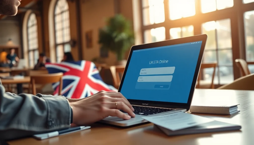 Apply for the uk eta online application in a cozy café setting with travel documents.