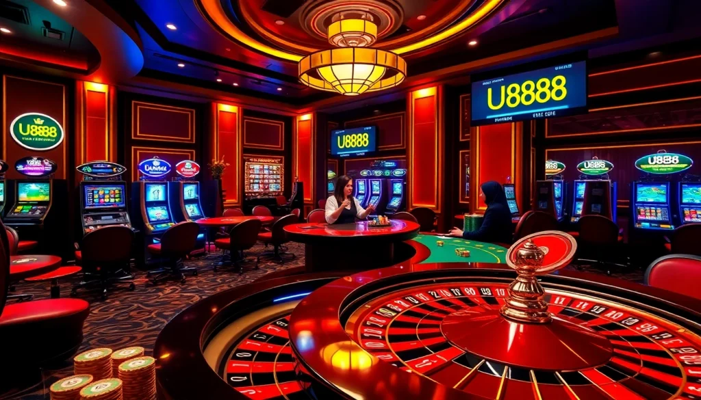 U888 players engaging at a luxurious casino table with vibrant roulette and poker action.