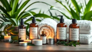 Ekologiska kosmetika produktai, išdėstyti ramiame SPA aplinkoje, su natūraliais ingredientais.