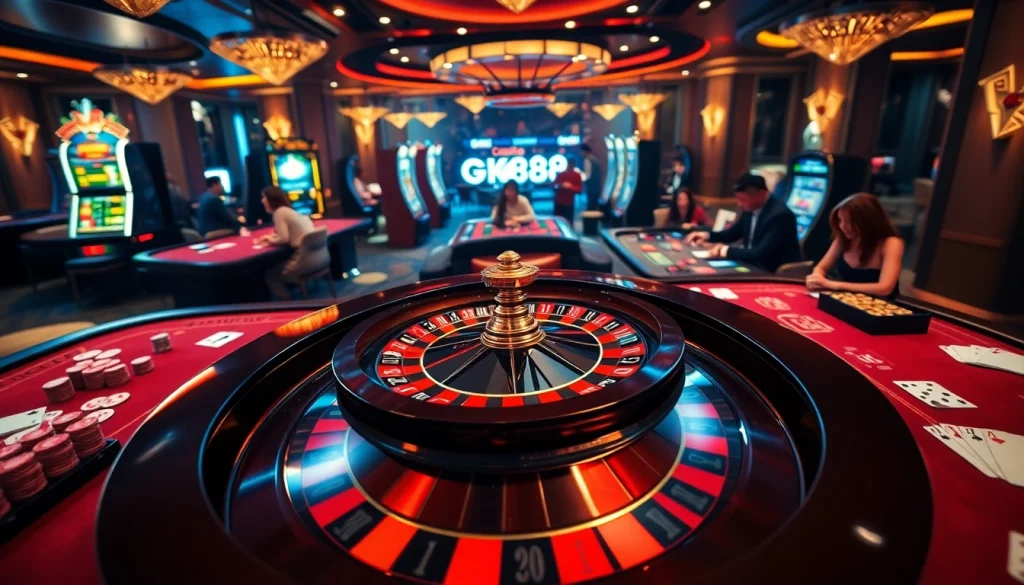 Experience excitement at the GK88 casino with roulette wheels and colorful poker chips.