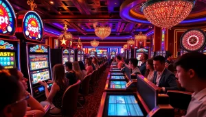 Engaging scene of players enjoying the slot depo 5k experience at a luxurious casino, surrounded by vibrant slot machines.