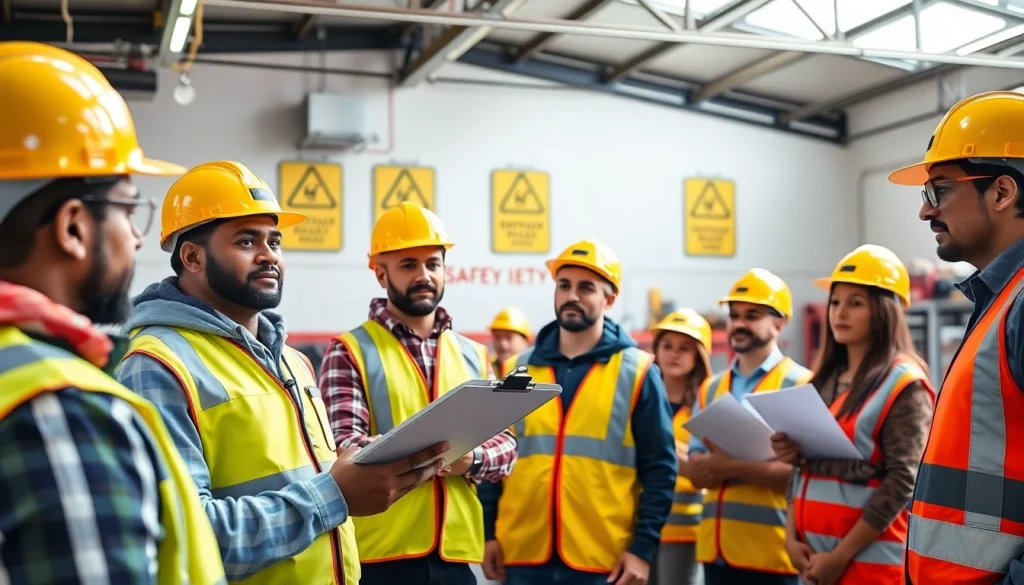 Engaged participants in construction safety training actively learn protocols in a dynamic workshop setting.