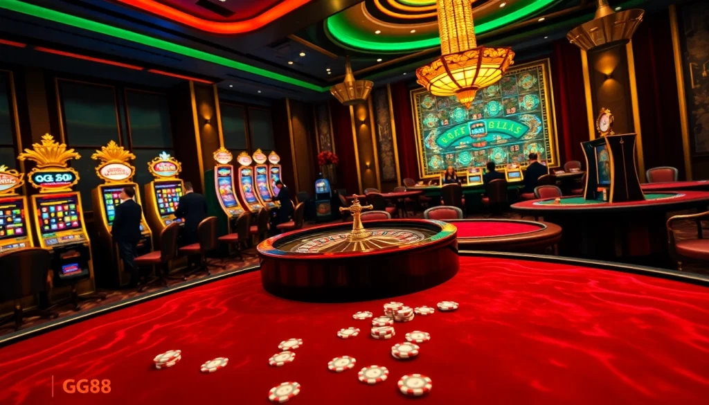 GG88 online casino scene with vibrant poker tables and dazzling slot machines