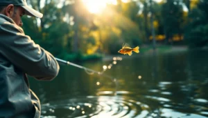 Engaging in fly fishing for bass in a picturesque lake surrounded by nature.