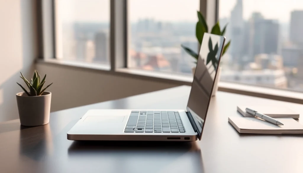 MacBook Air 13 pulgadas en un escritorio moderno, resalta su diseño elegante