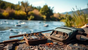 Engaging scene featuring a fly fishing kit set by a calm river, emphasizing gear details for angling adventure.